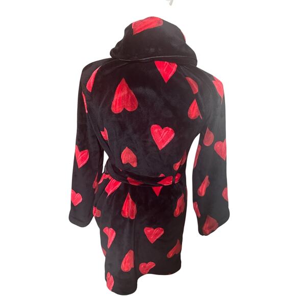 Victoria’s Secret Plush Robe Hearts Pockets Tie Black Red Love XS/S short soft - Picture 5 of 8